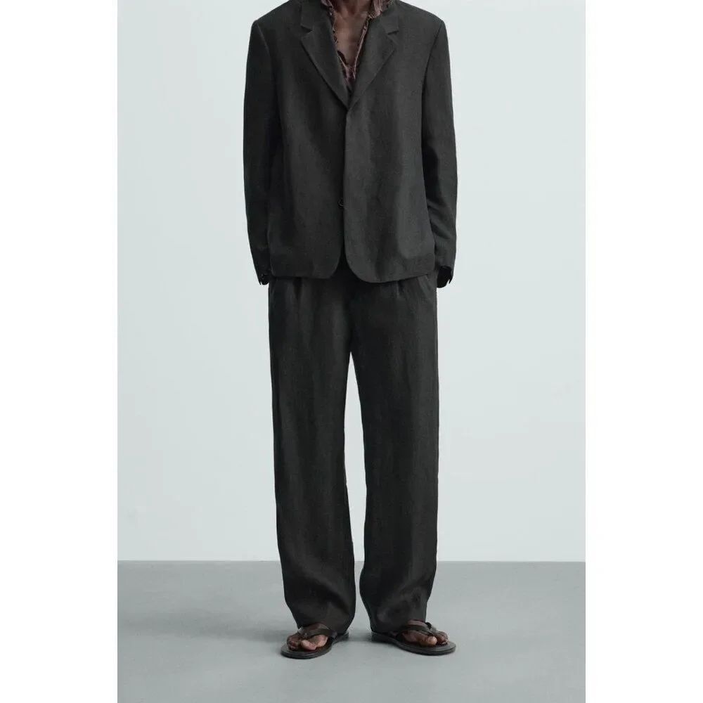 Zara Mens Trousers Pants EU 44 US 34 Black Linen Relaxed Fit 4716/960 NWT